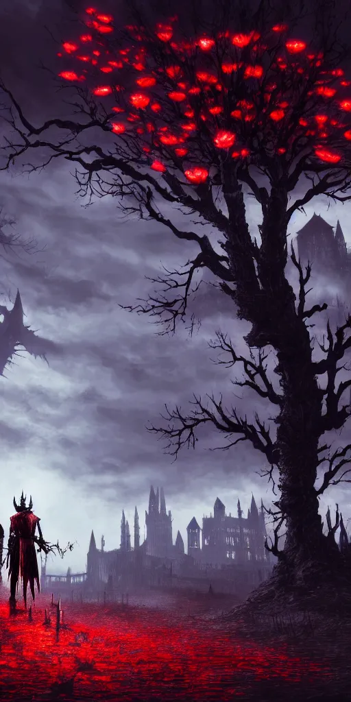 Image similar to populated bloodborne old valley with a obscure person at the centre and a ruined gothic city in the background, trees and stars in the background, falling red petals, epic red - orange moonlight, perfect lightning, wallpaper illustration by niko delort and kentaro miura, 4 k, ultra realistic