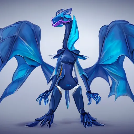 Prompt: full body shot of cute and beautiful anthropomorphic female robot dragon doing an elegant pose for the camera, has two adorable blue eyes, a sleek yet elegant design, with two big epic wings behind her, two arms that have sharp claws, two legs, a long tail behind her; high quality digital art, artstation, deviantart, furaffinity