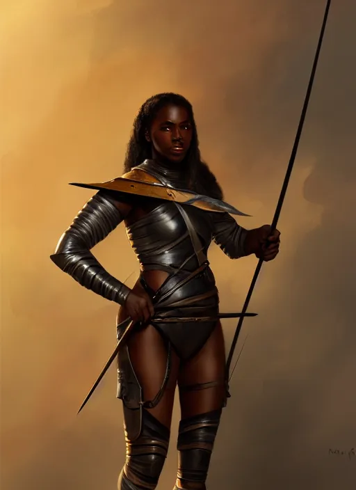 Image similar to full body portrait of beautiful black woman as a medieval archer, leather armor and war bow, cinematic, highly detailed, digital painting, artstation, concept art, smooth, sharp focus, illustration, face by wlop, illustrated by mars ravelo and greg rutkowski