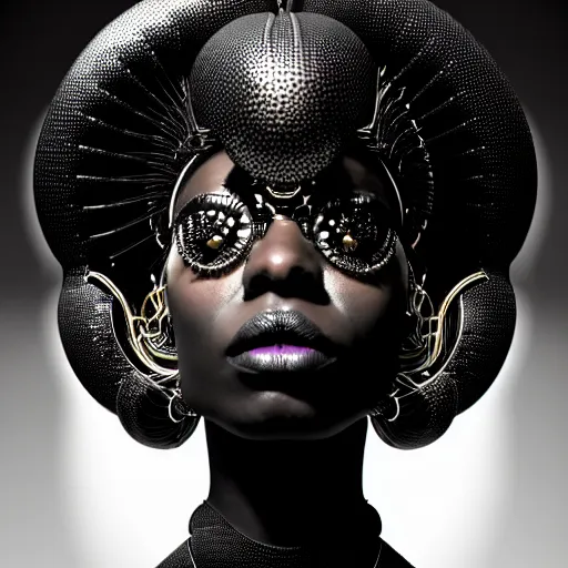 Image similar to portrait of an absurdly beautiful, graceful, sophisticated, fashionable black cyberpunk mechanoid gravure idol, hyperdetailed illustration by irakli nadar, maria borges, matt wisniewski style, intricate linework, dark black skin, neon jellyfish headdress, ivory carved ruff, unreal engine 5 highly rendered, global illumination, radiant light, detailed and intricate environment