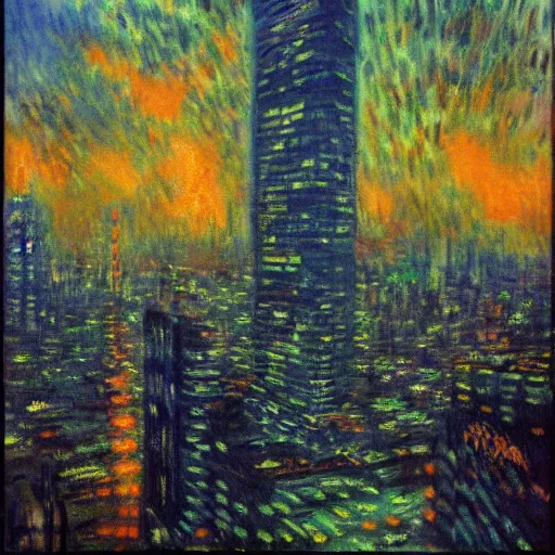 Prompt: mutually assured destruction, cyberpunk city, seattle, impressionist painting by monet