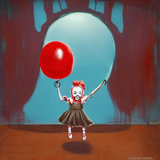 Image similar to grunge cartoon painting of a little girl playing with a jump rope with a wide smile and a red balloon by chris leib, loony toons style, pennywise style, horror theme, detailed, elegant, intricate