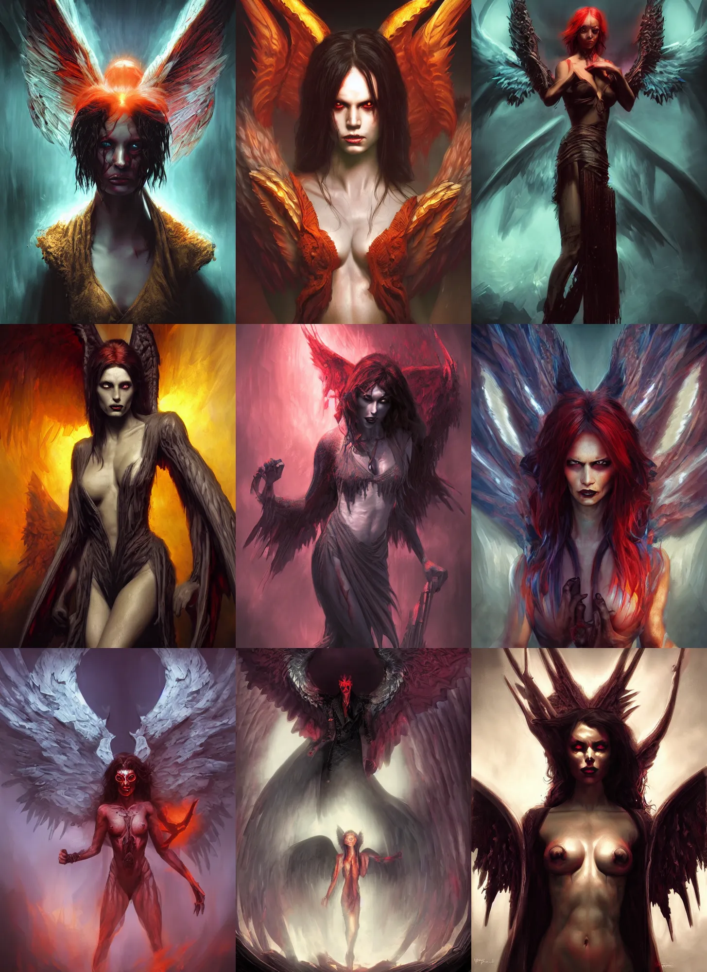 Prompt: demonic angel, vivid colors, dark shadows, contrast, concept art, sharp focus, digital art, Hyper-realistic, 4K, Unreal Engine, Highly Detailed, Dramatic Lighting, Beautiful, by Brom, bastien lecouffe-deharme