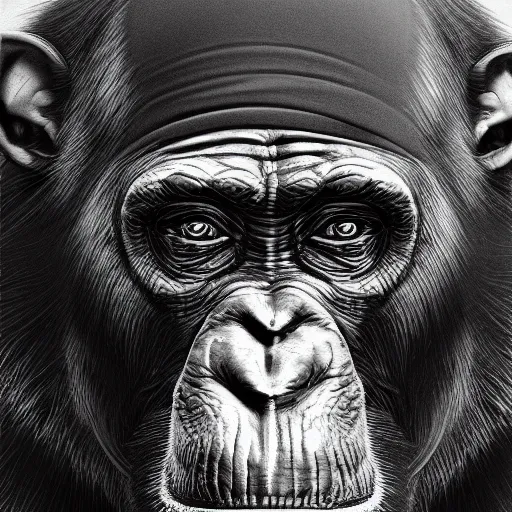 Prompt: a hyperrealistic portrait of a chimpanzee, with a top hat. photorealistic, highly detailed