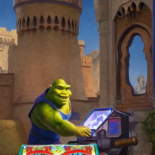 Image similar to shrek and vladimir putin playing arcade in morocco, highly detailed, digital painting, artstation, concept art, smooth, sharp focus, illustration, art by artgerm and greg rutkowski and alphonse mucha