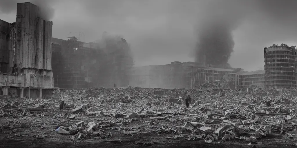 Prompt: a nuclear landscape of the southbank centre in london, collapsed brutalist architecture, groups of human figures stagger among the ruins, fog, dust atmosphere, brooding clouds, mushroom cloud, detailed, 4k