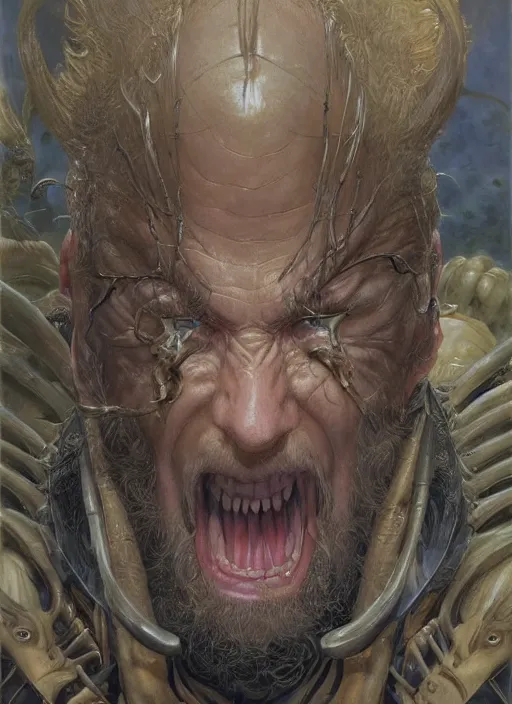 Image similar to a hyperrealistic and detailed paintbrush portrait of a bald male fantasy character, art by donato giancola and bayard wu and gustav moreau and wayne barlowe, rpg portrait, 8 0's fantasy movies, dungeons & dragons, fantasy art