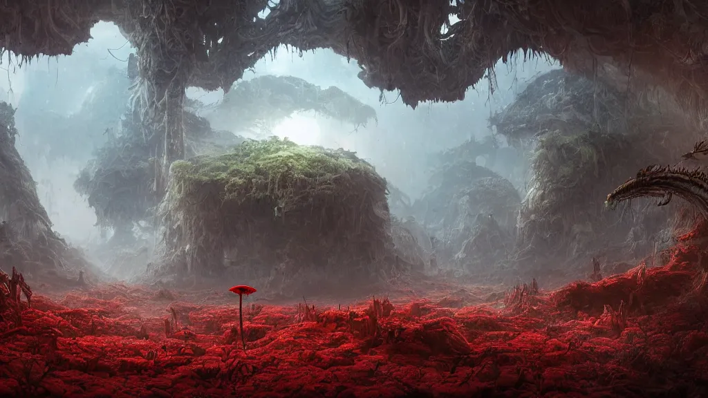 Image similar to dramatic Photorealistic dramatic Landscape Matte painting,Looking through deep inside an Alien planets dense red forest,a lone astronaut in a white spacesuit with lights is exploring outside a gigantic crashed derelict spaceship,hundreds of tall gigantic monster carnivorous Red Venus Flytrap plants and glowing bulbs,translucent wet and slimy plant life by Greg Rutkowski,Craig Mullins,Fenghua Zhong,a misty haze,Beautiful dramatic moody nighttime lighting,Cinematic Atmosphere, Volumetric Lighting,Terragen,Octane Render,8k