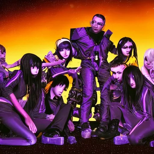 Prompt: group shot of depressed teenagers with emo haircuts wearing gothy purple and black spandex suits, sitting next to smashed burning spacecraft wreckage, on the orange surface of mars, highly detailed, dramatic lighting, photorealistic, cinematic