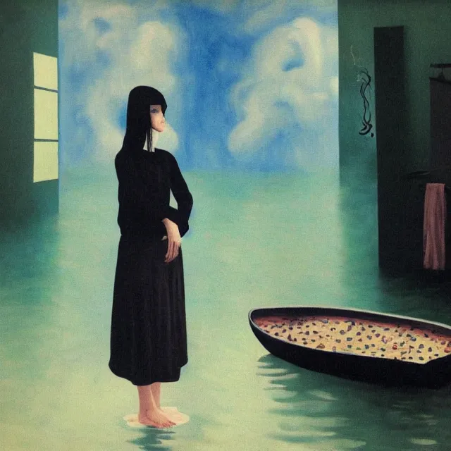 Image similar to tall female emo artist in her flooded kitchen, water gushing from ceiling, painting of flood waters inside an artist's home, a river flooding indoors, pomegranates, pigs, ikebana, zen, water, octopus, river, rapids, waterfall, black swans, canoe, berries, acrylic on canvas, surrealist, by magritte and monet