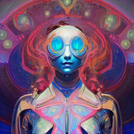 Image similar to psychedelic portrait of a beautiful android warrior woman, armor suit, blue eyes, intricate, elegant, highly detailed, trippy, dmt, digital painting, artstation, concept art, smooth, sharp focus, illustration, art felix kelly and greg rutkowski and alphonse mucha