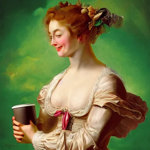 Prompt: heavenly summer sharp land sphere scallop well dressed smiling lady holding a starbucks coffee cup, auslese, by peter paul rubens and eugene delacroix and karol bak, hyperrealism, digital illustration, fauvist, starbucks coffee cup green logo