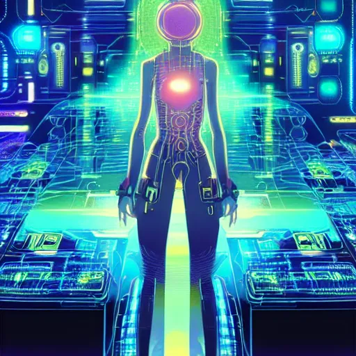 Image similar to a cyberpunk netrunner surrounded by a glowing computer interface, centered in the frame, cyberpunk concept art by Jean Giraud and josan gonzales, digital art, highly detailed, intricate, sci-fi, sharp focus, Trending on Artstation HQ, deviantart, 4K UHD image