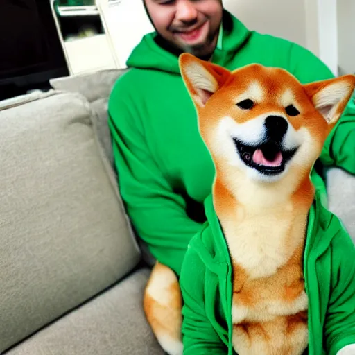 Image similar to a Shiba Inu wearing a green hoodie sitting on a couch, photo, trending on artstation, HDR, nicely detailed, 8k