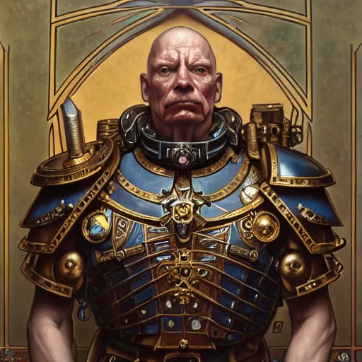 Image similar to full portrait of warhammer 4 0 k mike meyers, fantasy, d & d, intricate, detailed, by by alphonse mucha, adolfo hohenstein, alice russell glenny, stanley artgerm lau, greg rutkowski, detailed, trending on artstation, trending on artstation, smooth