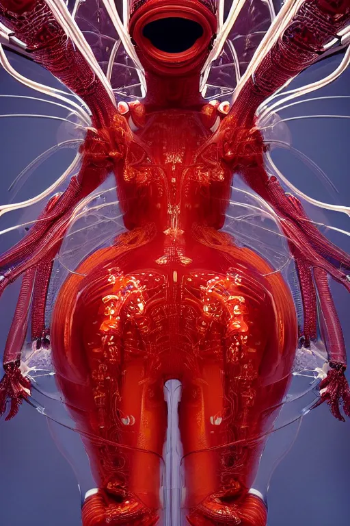 Image similar to background space station, red baroque inflateble dress iris van herpen positing on floor, helmet instead of a head, perfect symmetrical, full body shot, inflateble shapes, wires, tubes, veins, jellyfish, white biomechanical details, wearing epic bionic implants, masterpiece, intricate, biopunk, vogue, highly detailed, artstation, concept art