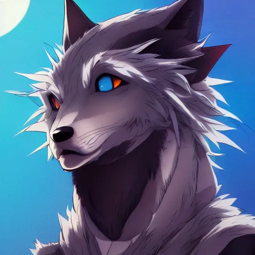 Image similar to key anime visual portrait of a handsome male anthro wolf furry fursona with beautiful eyes, wearing a hoodie, official modern animation