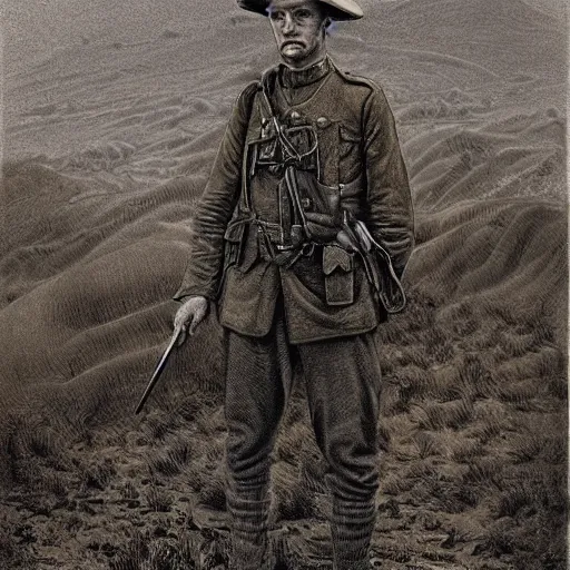 Image similar to a detailed photorealistic sepia - toned color line drawing of a 1 9 1 7 worried clean - shaven british lieutenant in detailed field gear not wearing a hat in wadi rum, ultra realistic, painted, intricate details, lovecraft, atmospheric, dark, horror, brooding, highly detailed, by clyde caldwell