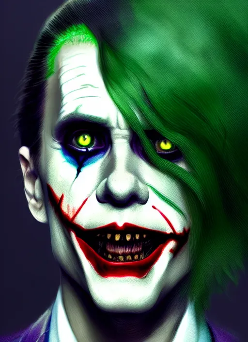 Image similar to portrait of jared leto as the joker, green hair, intricate, elegant, glowing lights, highly detailed, digital painting, artstation, concept art, sharp focus, illustration, art by wlop, mars ravelo and greg rutkowski