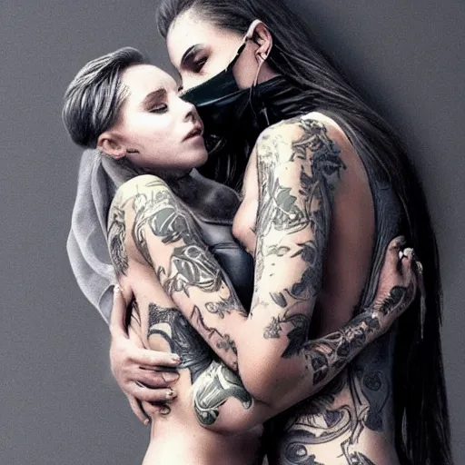 Image similar to Hot young woman, grey skin, tattoos, wearing leather and **platonically cuddling** a humanoid in a shroud and mask concept art