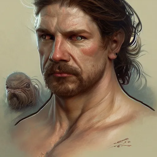 Image similar to portrait of a rugged blobfish, d & d, muscular, fantasy, intricate, elegant, highly detailed, digital painting, artstation, concept art, smooth, sharp focus, illustration, art by artgerm and greg rutkowski and alphonse mucha