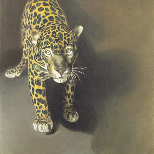 Image similar to intense jaguar in a dark misty room, by John Singer Sargent