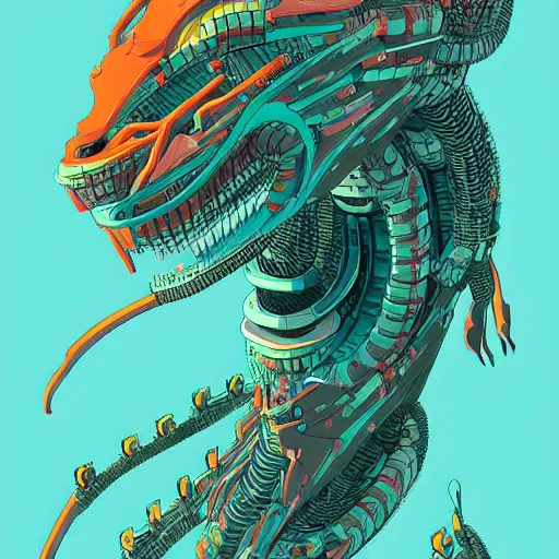 Image similar to a detailed design drawings of a colorful cyberpunk mechanical kaiju creature by tomer hanuka and by katsuhika hokusai trending on artstation