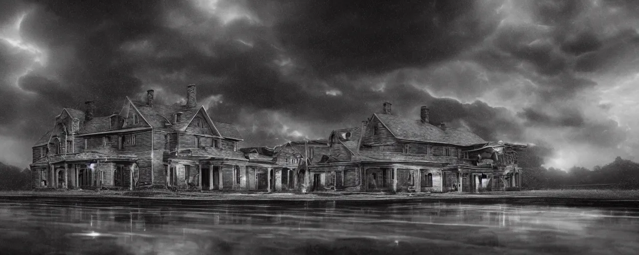 Image similar to Lovecraft Country, ultra detailed haunted house, ultra detailed storm clouds, establishing atmospheric shot, octane renderer, unreal engine, F11 aperture, night, volumetric fog, lighting and thunder, stormy weather, ultra detailed rain drops, reflections, film grain, single ultra detailed grey 1948 Packard Station Sedan parked in the street,