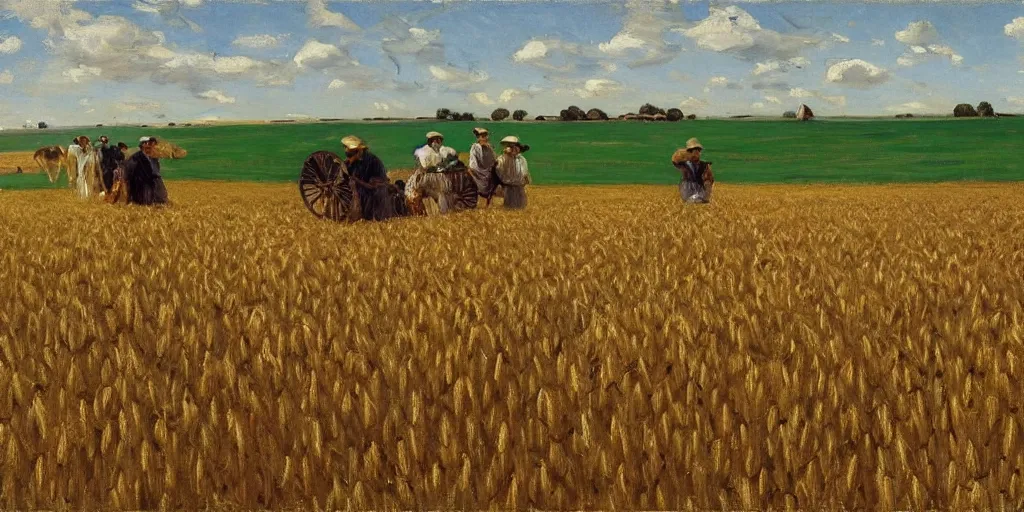 Image similar to a field full of Amish Farmers shocking wheat by John Singer Sargent