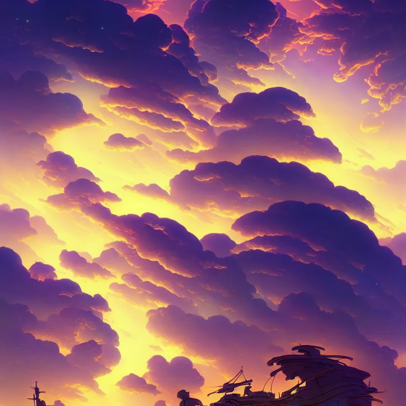 Image similar to treasure planet, clouds!, beautiful lighting, vivid colors, intricate, elegant, smooth, sharp focus, highly detailed digital painting, concept art, cinematic, unreal engine, 4 k wallpaper, art by syd mead, terada katsuya, atey ghailan, svetlin velinov, tarmo juhola, cgsociety, artstation trending, deviantart featured