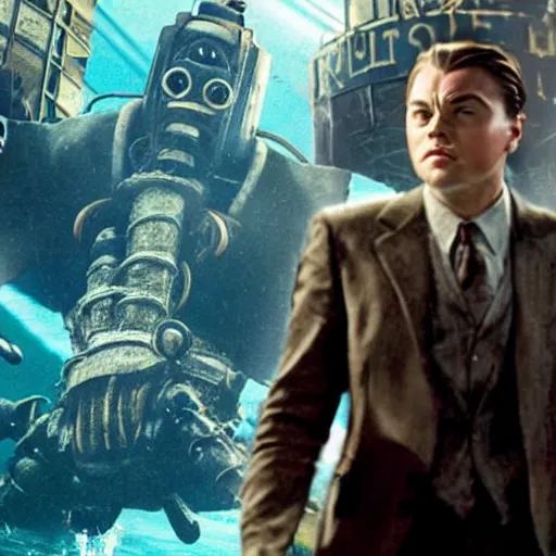 Image similar to movie poster depicting andrew ryan, portrayed by leonardo dicaprio, in a new live - action bioshock movie, the underwater city of rapture is also present