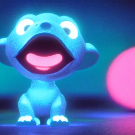 Image similar to cute smiling pixar and chibi style electric blue scaled glowing baby dinosaurs in tron movie, cinestill