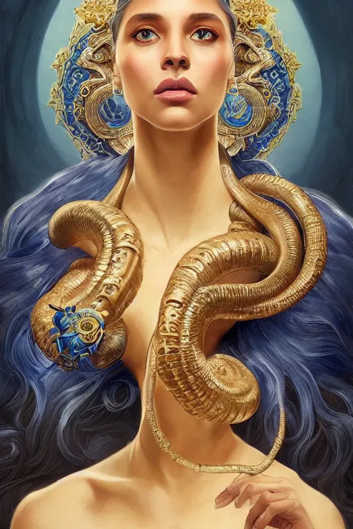 Image similar to a beautiful deep blue skinned woman, big ram horns, flowing dress, gold jewellery, dnd, face, fantasy, intricate, elegant, highly detailed, digital painting, artstation, concept art, smooth, sharp focus, illustration, art by artgerm and greg rutkowski and alphonse mucha