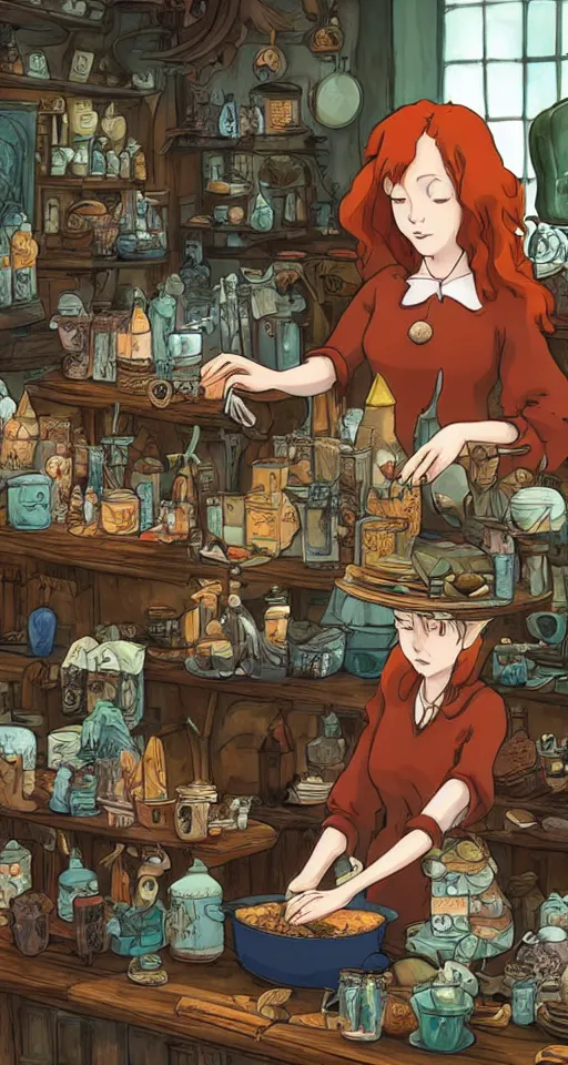 Image similar to close - up of a redhead seller at the counter in the small witch shop, with an owl, counter, cauldrons, potions, highly detailed, sharp focus, matte painting, by studio ghibli, by giovani magana, by rutkowsky,