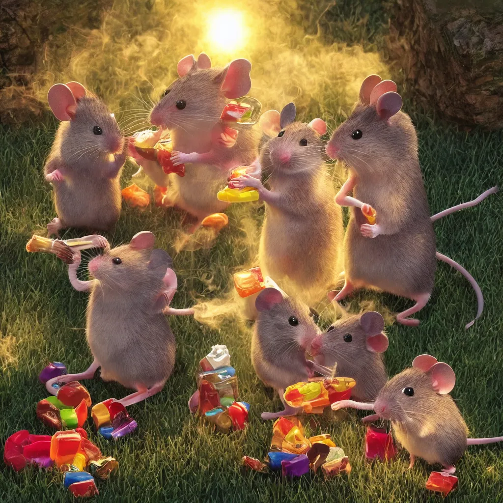 Prompt: happy mice smoking a bong and eating candy, golden hour, ultra realistic