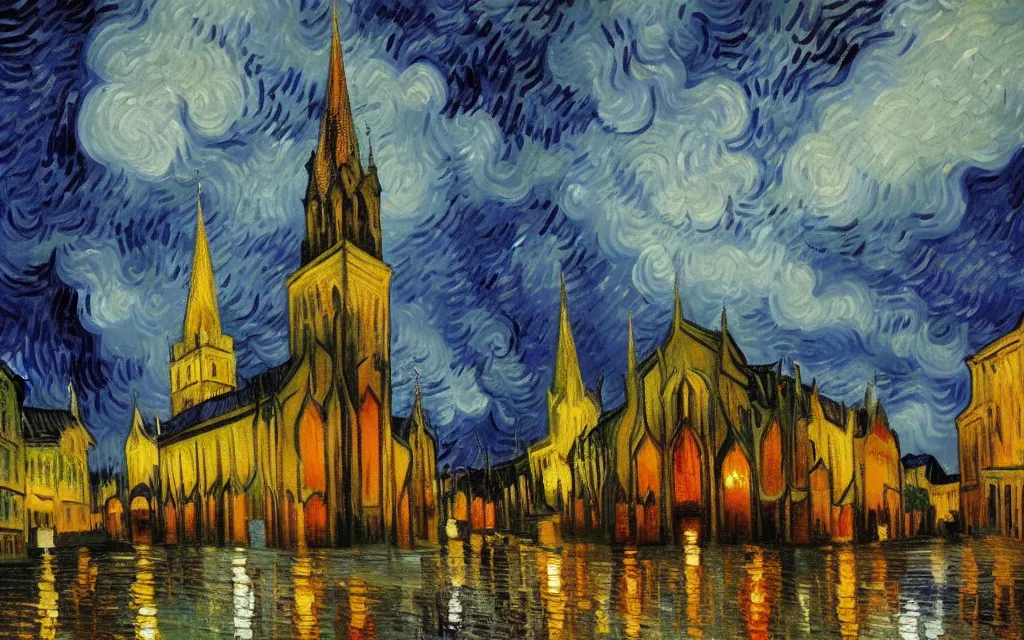 Image similar to atmospheric detailed expressionist oil painting of lightning storm over a tall gothic church, landscape painting, expressionism, blues, dramatic lighting, 8 k resolution detailed art, small brushstrokes, watercolor palette, painted by vincent van gogh