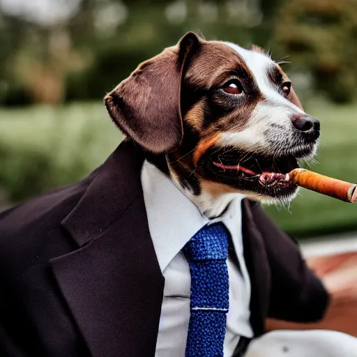 Image similar to a high detail closeup photograph of a dog wearing a suit 👔,and smoking a cigarrette🚬, award wining photograph