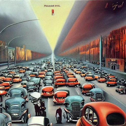Image similar to a beautiful surrealist painting depicting being stuck in traffic. oil on canvas, 1 9 4 0. trending, high quality, high resolution, detailed