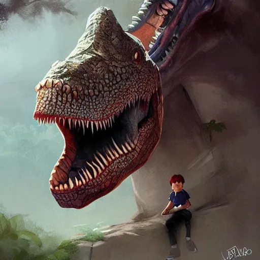 Image similar to !dream a dinosaur and crocodile baby,detailed, meam face,crazt,by rossdraws and greg rutkowski,wearing cave man clothes, concept art,