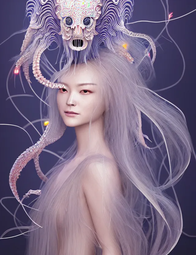 Image similar to 3 d goddess jellyfish half - turn portrait with long hair with ram skull. beautiful intricately detailed japanese crow kitsune mask and clasical japanese kimono. betta fish, jellyfish phoenix, bio luminescent, plasma, ice, water, wind, creature, artwork by tooth wu and wlop and beeple and greg rutkowski