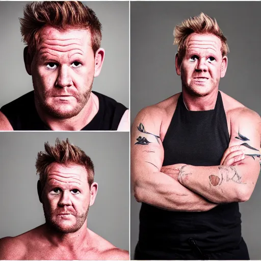 Prompt: full Portrait photography of someone who has the face of Gordon Ramsay, the body of an orc