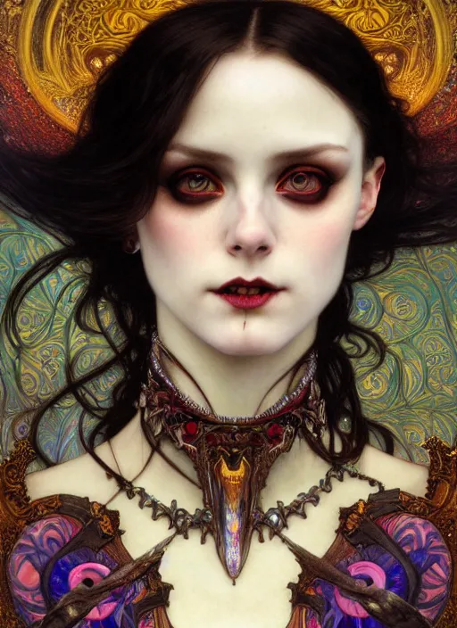 Prompt: hyper detailed masterpiece vampire girl duchess by donato giancola and tom bagshaw, face by artgerm and edmund leighton, and alphonse mucha, trending on artstation, colorful, psychedelic aesthetic, ornate, background by gustav klimt, 8 k, black gothic, majestic, volumetric lighting, porcelain skin, concept art, sharp focus