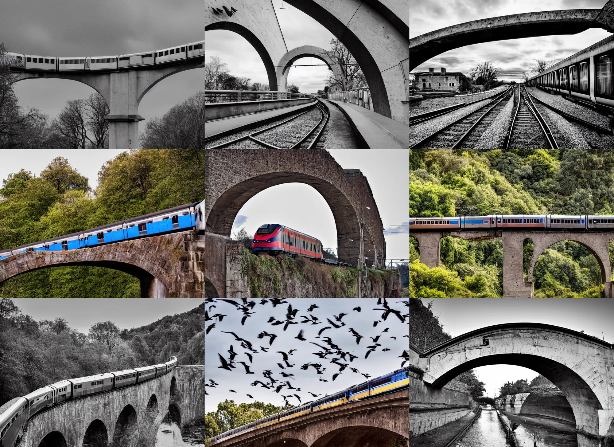 Prompt: a modern train on an arch bridge, grey birds flying, high quality, award winning photography