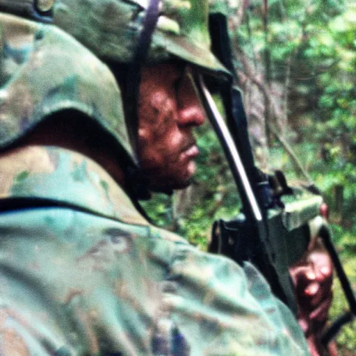 Prompt: film still, close up of in the jungle as a vietnam door gunner, apocalypse now, associated press,, 2 6 mm, kodak ektachrome, blue tint expired film