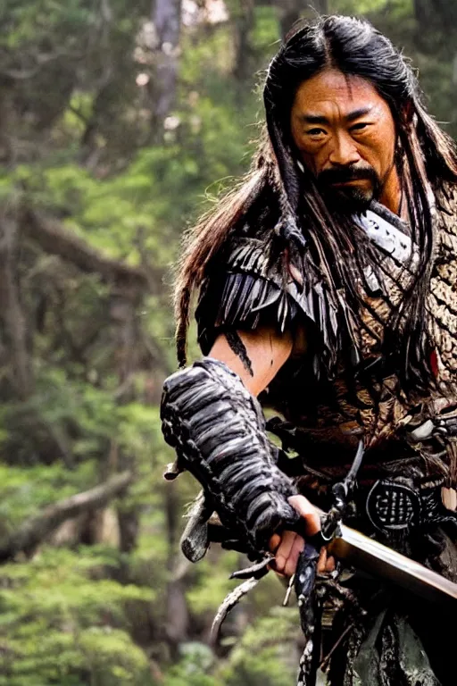 Image similar to predator film shot in feudal japan staring hiroyuki sanada as a disgraced ronin, who hunts down the predator after he fails to protect his master from it