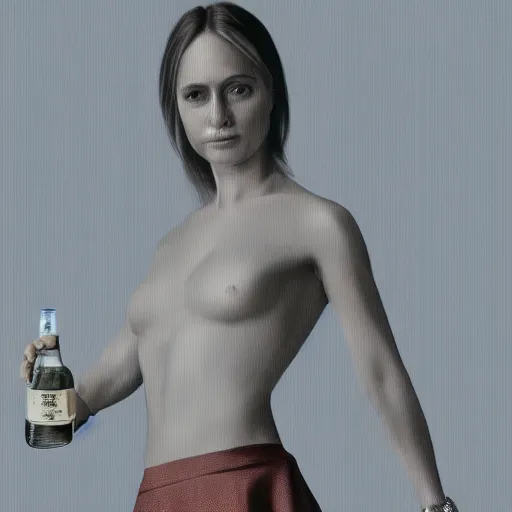 Image similar to vladimir putin wearing a mini skirt and holding a bottle of arak, cinematic, beautiful digital painting, hyper detailed