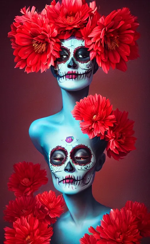 Image similar to a red oil painting hyperrealism of a beautiful woman on a white background, flowers, dia de los muertos makeup, floral headdress, 8 k resolution, octane render, trending on artstation, by gediminas pranckevicius, volumetric light 2 blue fractal thunder glow by dan mumford, anaglyph effect, laurie lipton