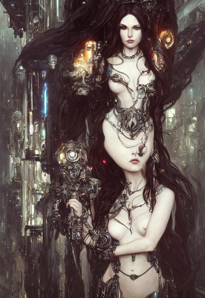 Image similar to portrait of beautiful pale gothic maiden, warhammer 40000, cyberpunk, intricate, elegant, highly detailed, digital painting, artstation, concept art, smooth, sharp focus, illustration, art by artgerm and greg rutkowski and alphonse mucha and Gustav Klimt