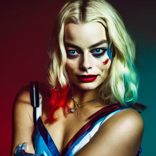 Prompt: a beautiful medium - shot of margot robbie as harley quinn looking for into the distance, beautiful backlight, focus on her face, bokeh, by terry richardson