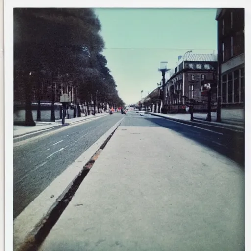 Image similar to low angle wideshot of Helsinki street, breathtaking polaroid photo,